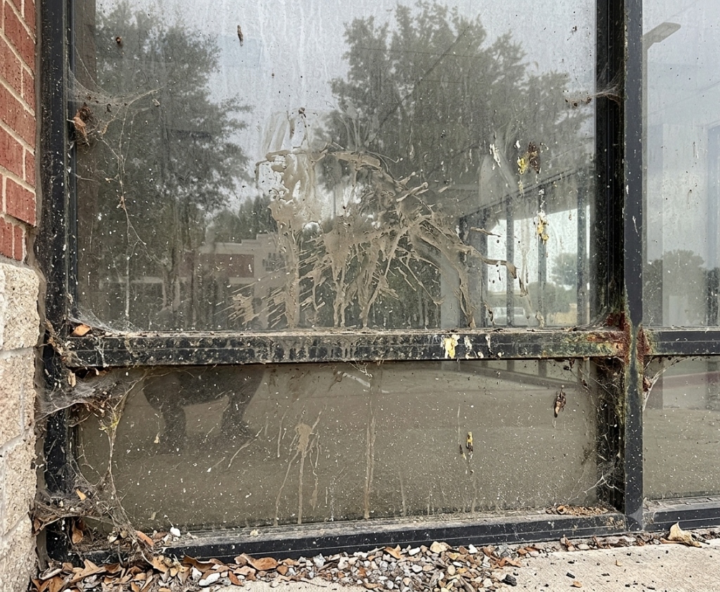 Dirty commercial glass window covered with grime, mud splashes, and cobwebs before cleaning