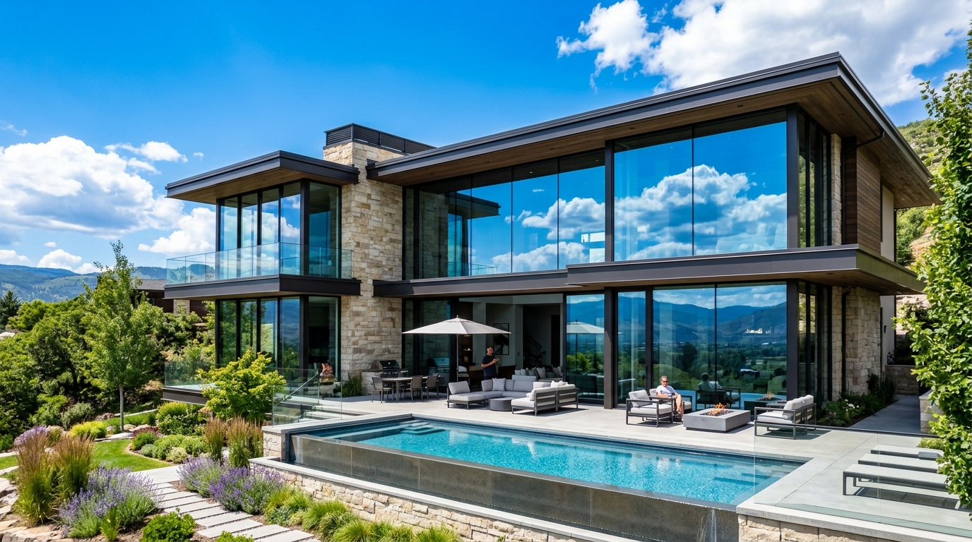 Stream Clean Pros residential window cleaning service with sparkling glass windows reflecting bright sky